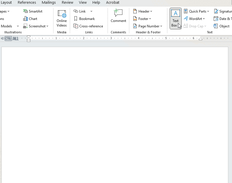 Text Box option on Shapes drop down menu on ribbon in Word